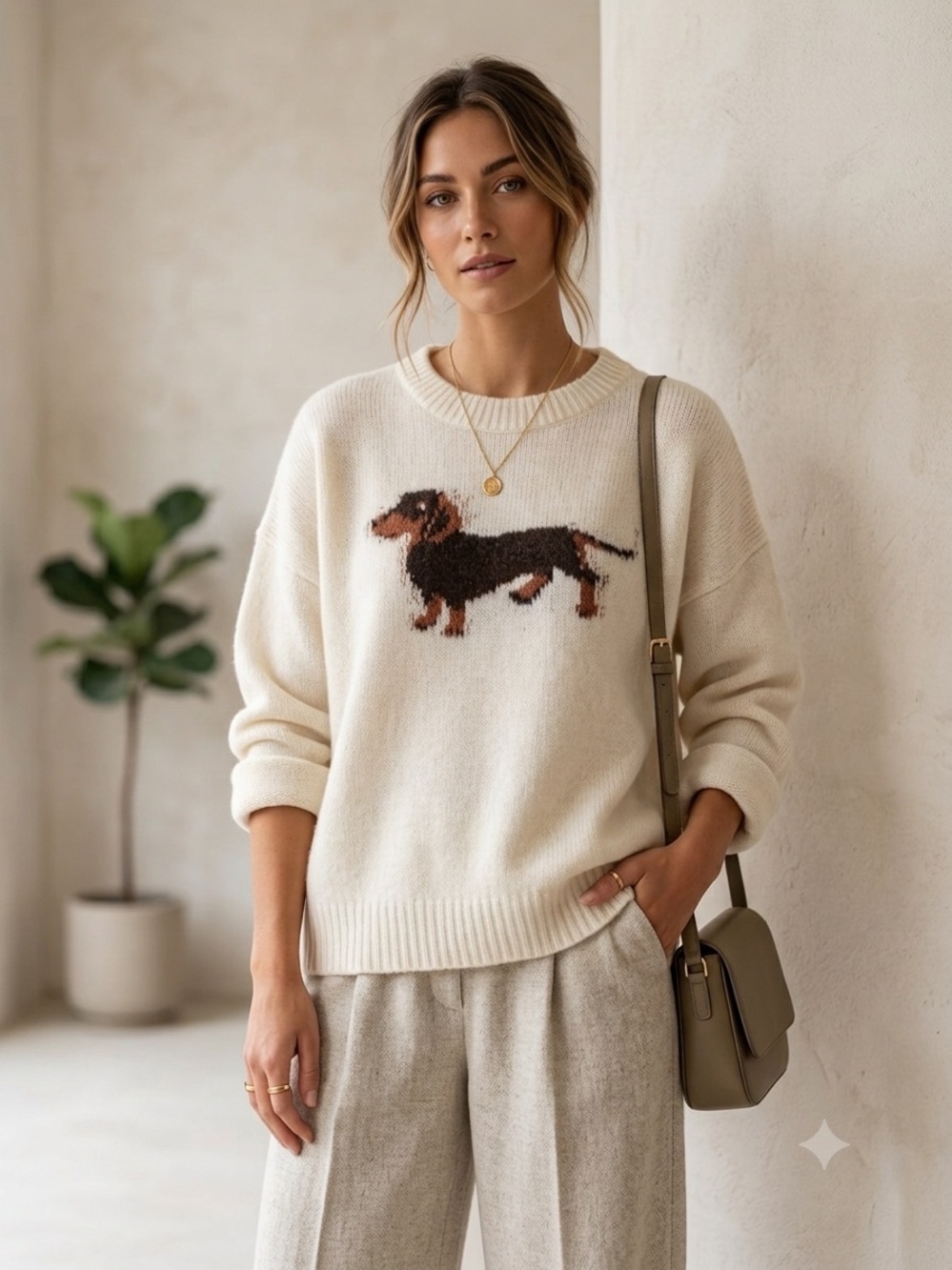 Bailey Rose Women's Cream Soft Ribbed Knit Graphic Dog Lover Sweater Medium NWT